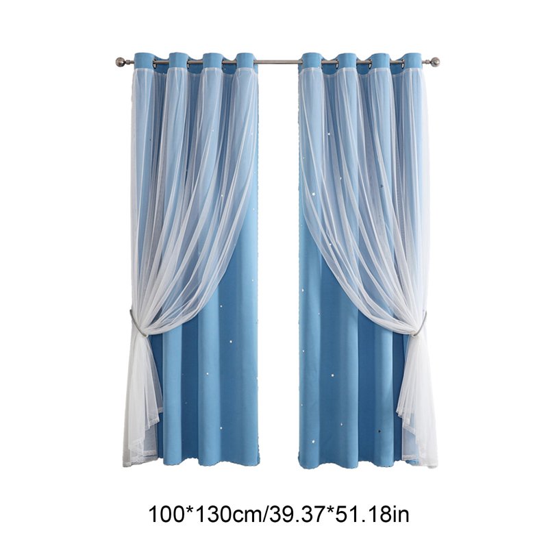 Double Layer Star Pattern Blackout Curtains with Sheer Lace Overlay - Insulated Window Treatments