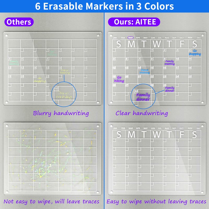 Magnetic Acrylic Dry Erase Calendar for Refrigerator - 16x12, Includes Markers