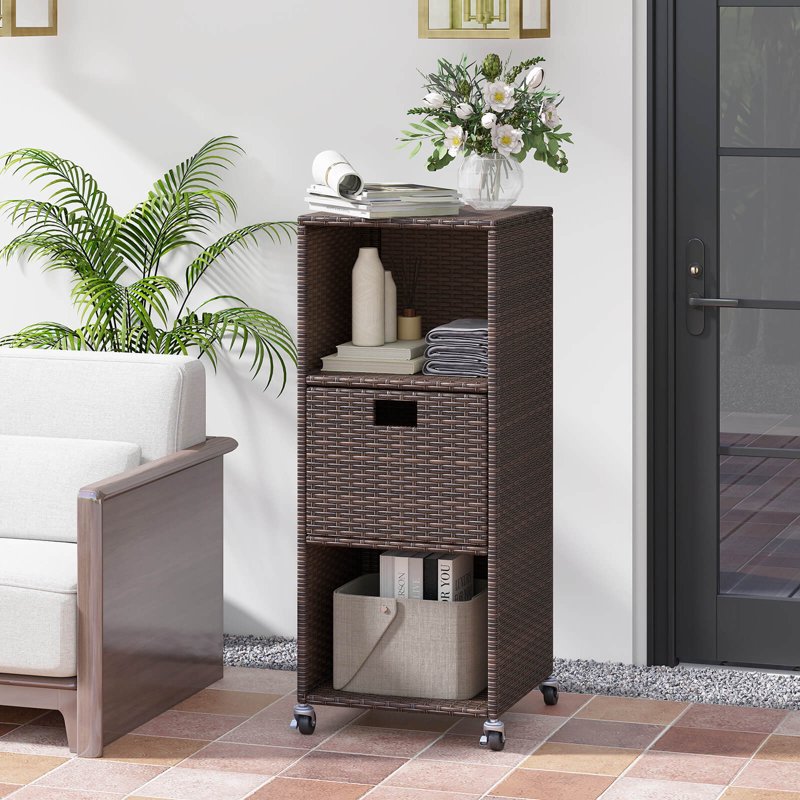 Outdoor Storage Cabinet with Shelves, Drawer & Wheels for Porch Garden