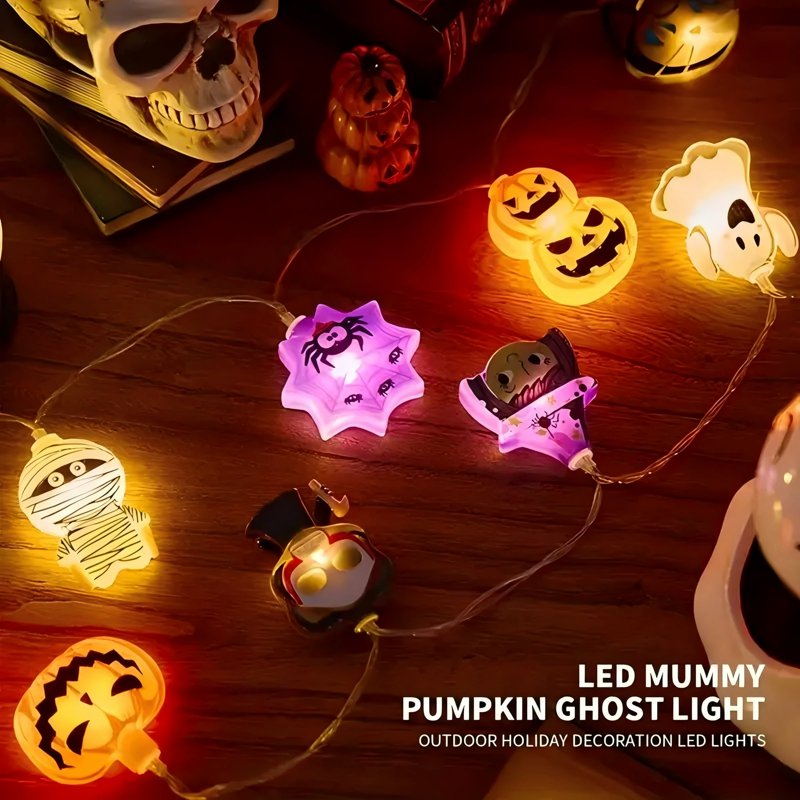 Halloween LED Fairy String Lights 20LED - Spooky Witch Mummy Cat Pumpkin, 8 Modes, 6-Hour Timer, Battery Operated