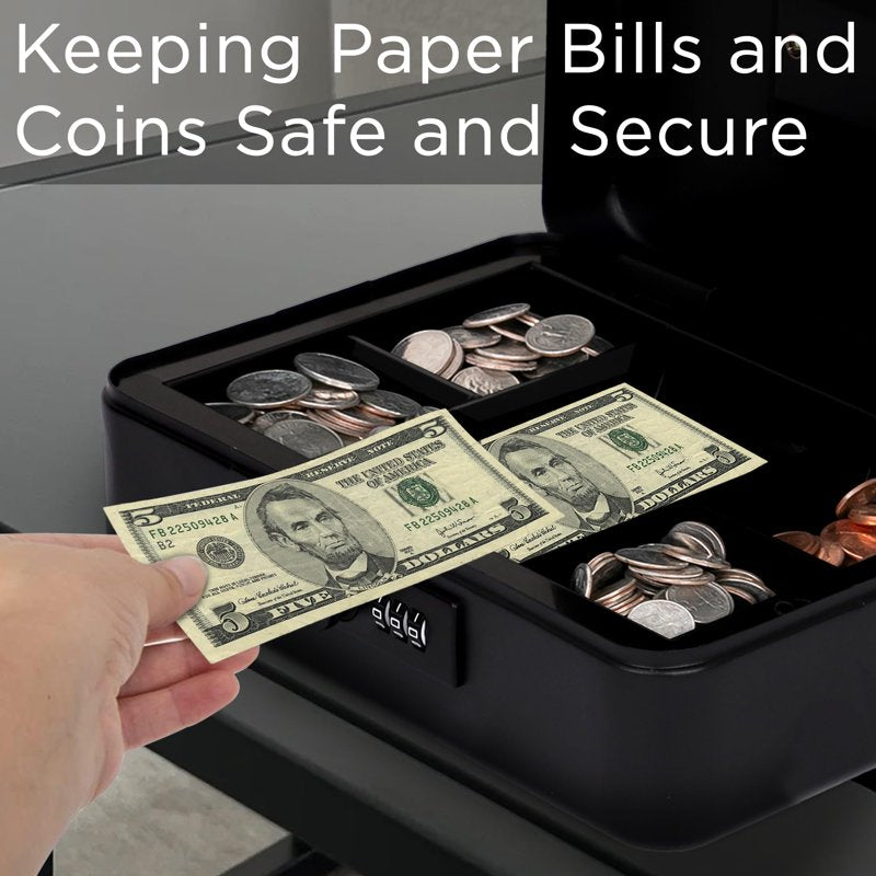 Large Black Stainless Steel Cash Box with Mechanical Lock & Removable Tray