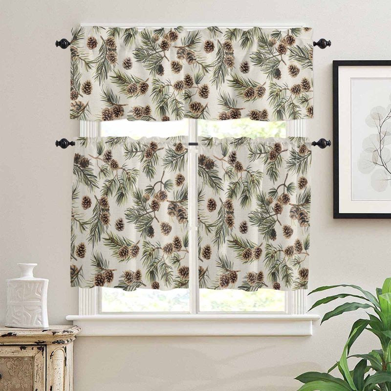 Kitchen Window Curtains Set Valance and Tier Panels with Green Leaves Pattern