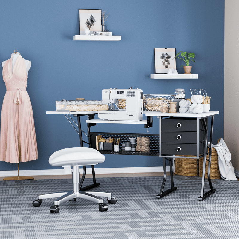 Sewing Machine Table with Storage Shelves & Adjustable Platform - White