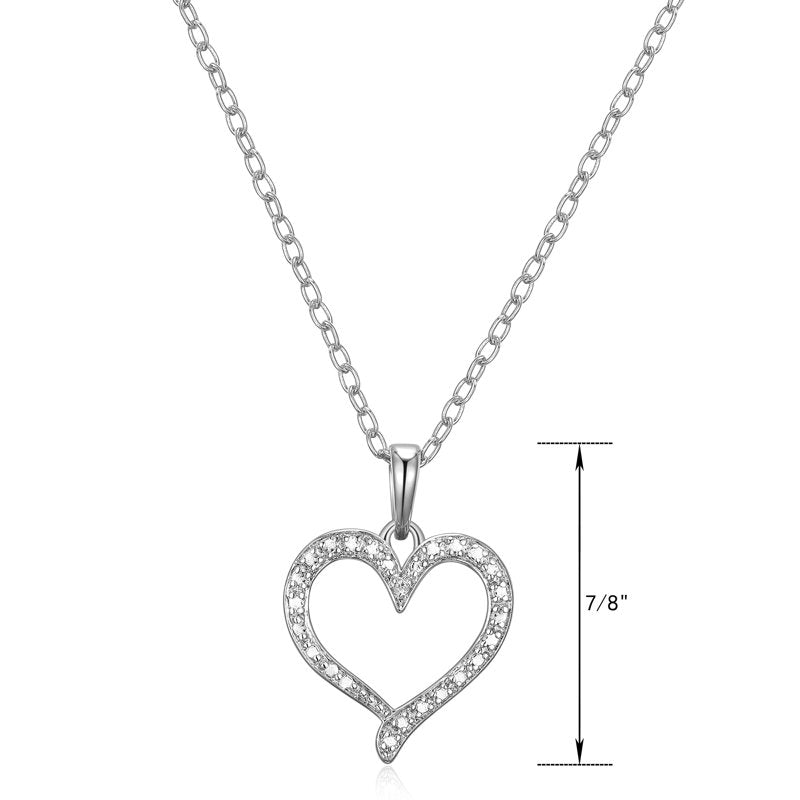 Silver Open Heart Pendant Necklace with Diamond Accent - 18 Inch Chain