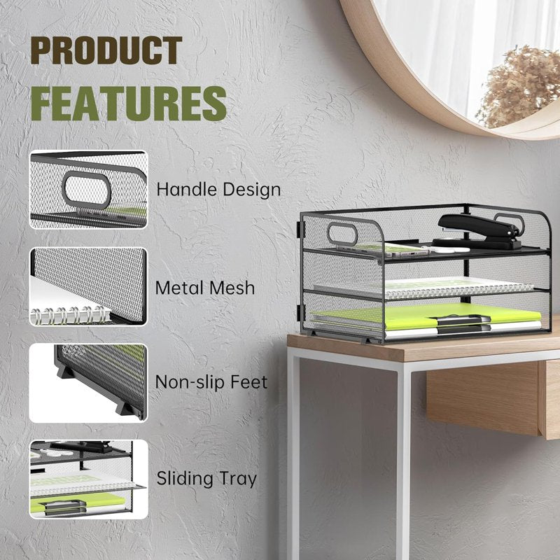3 Tier Mesh Desktop Paper Organizer with Handles - Office & School Storage