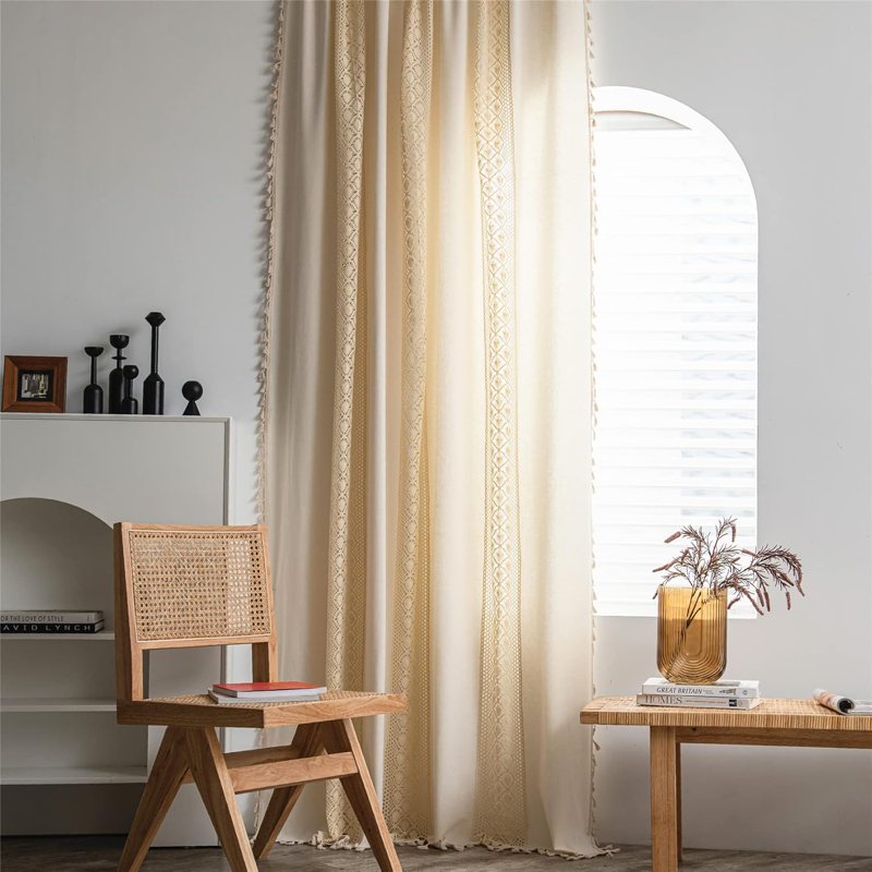 Boho Bedroom Curtain Panels - Cream Crochet Stripes Floral Patchwork Semi-Blackout Farmhouse Drapes