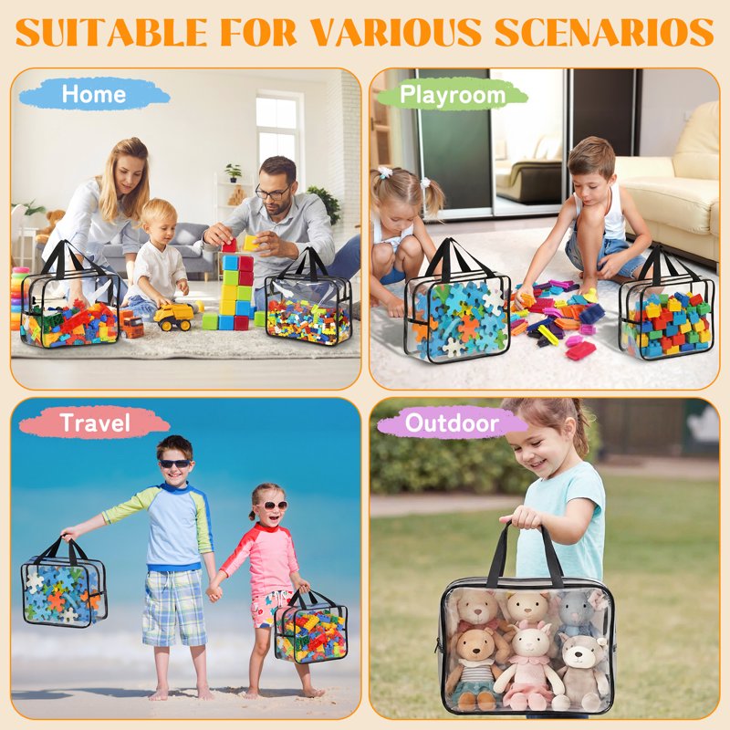 Clear Toy Storage Bags with Handles - 6 Pack, Waterproof Organizer Bins