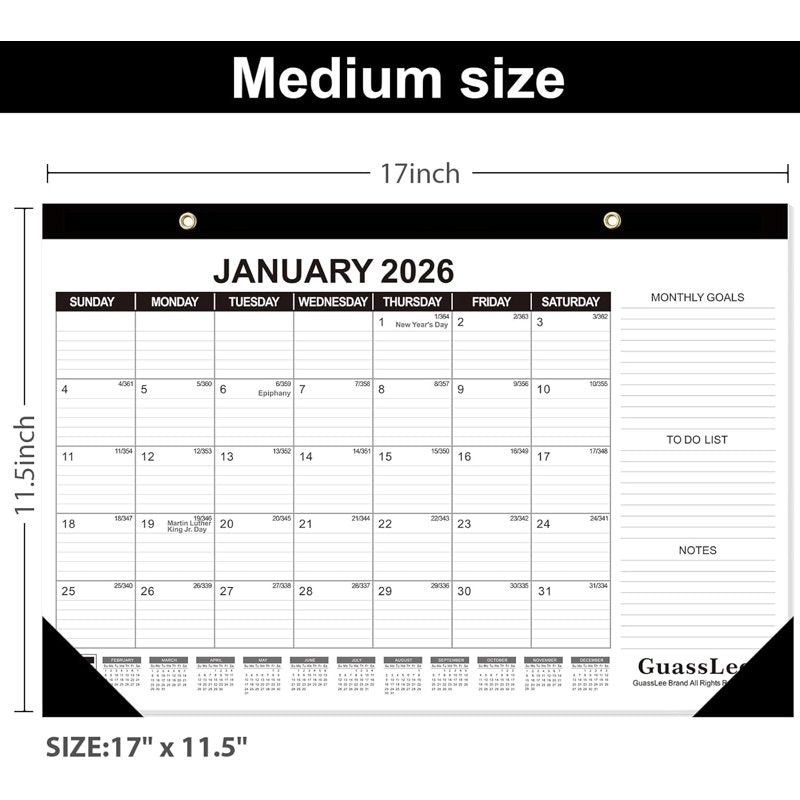 Desk Calendar 2026-2027, 17 x 11.5 in, 18-Month Jul 2026-Dec 2027, Julian Date, Monthly Goals & Notes – Includes Notes Variation
