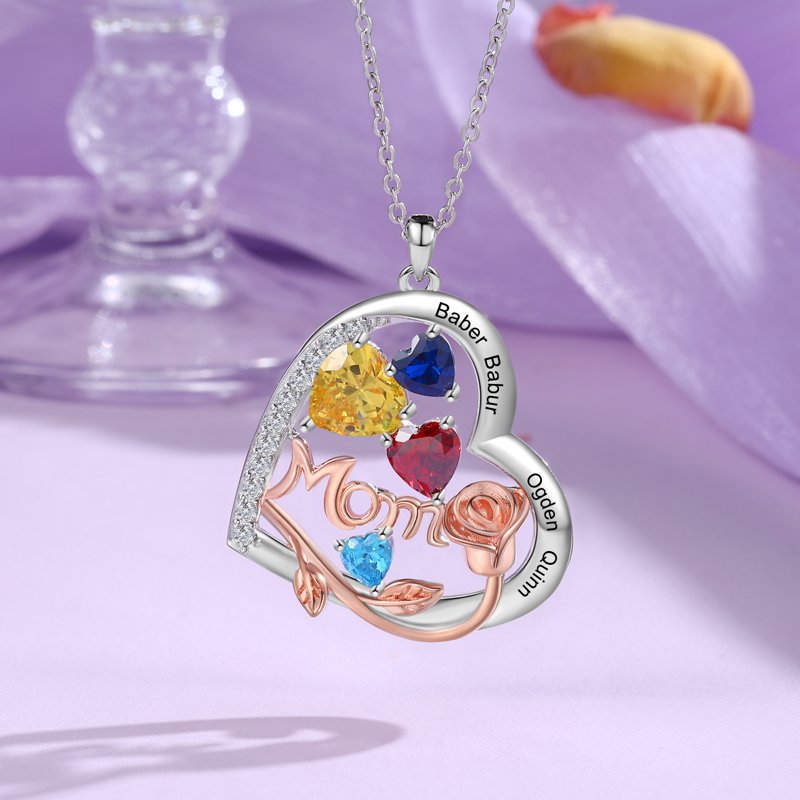 Personalized Brass Heart Necklace with Birthstones for Mom - Family Jewelry