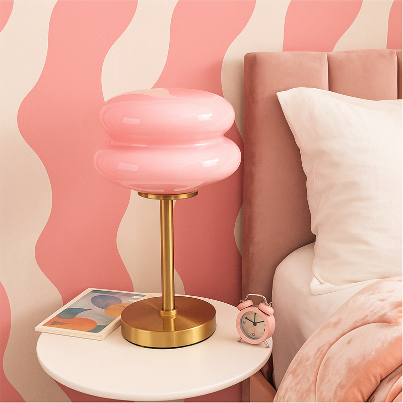 Pink Double Bubble Glass Table Lamp - Modern Nightstand Decor, 12.4in