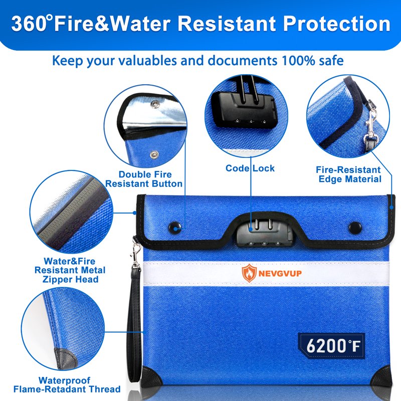 Fireproof Document Bag with Lock 6200°F Heat Insulation 14.2x11 Inches