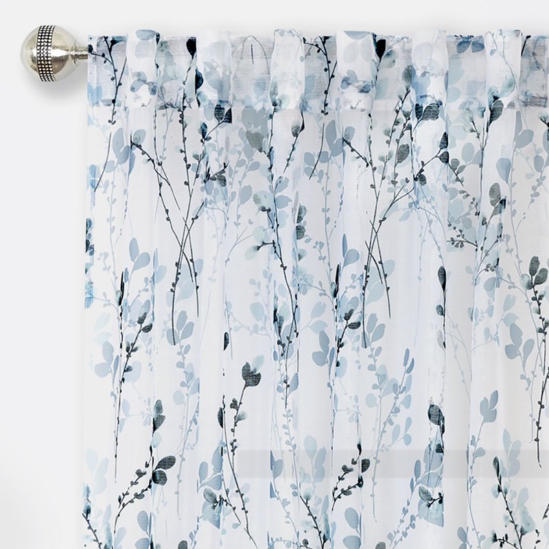 Indoor Floral Light Filtering Curtain Panel - Linen-Like Texture, Teal, 52-84 Inch Width