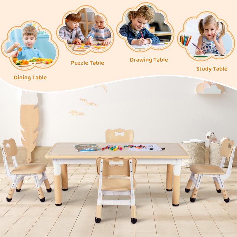 Kids Table and 6 Chairs Set with Height Adjustment and Waterproof Surface