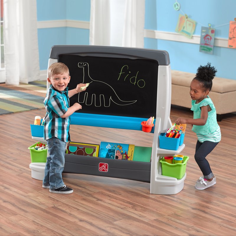 Kids Double-Sided Art Easel with Chalkboard and Whiteboard - Toddler Art Station