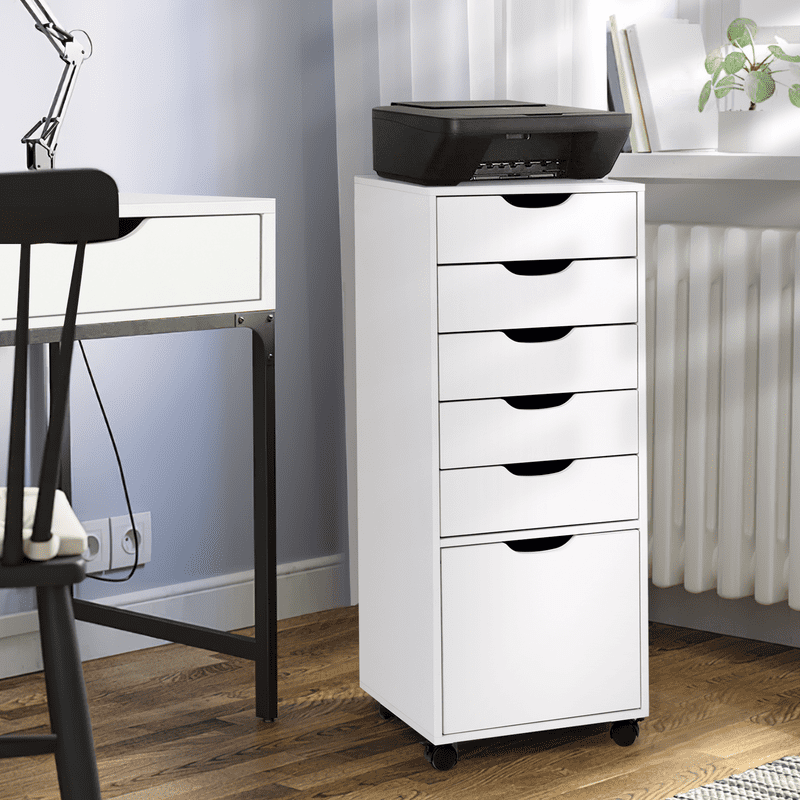 Mobile File Cabinet with Wheels, 5-Drawer Storage Organizer for Home Office and Living Room, Lockable Casters - White