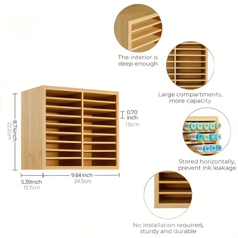 Bamboo Marker Pen Storage Rack with 18 Compartments for Art Supplies