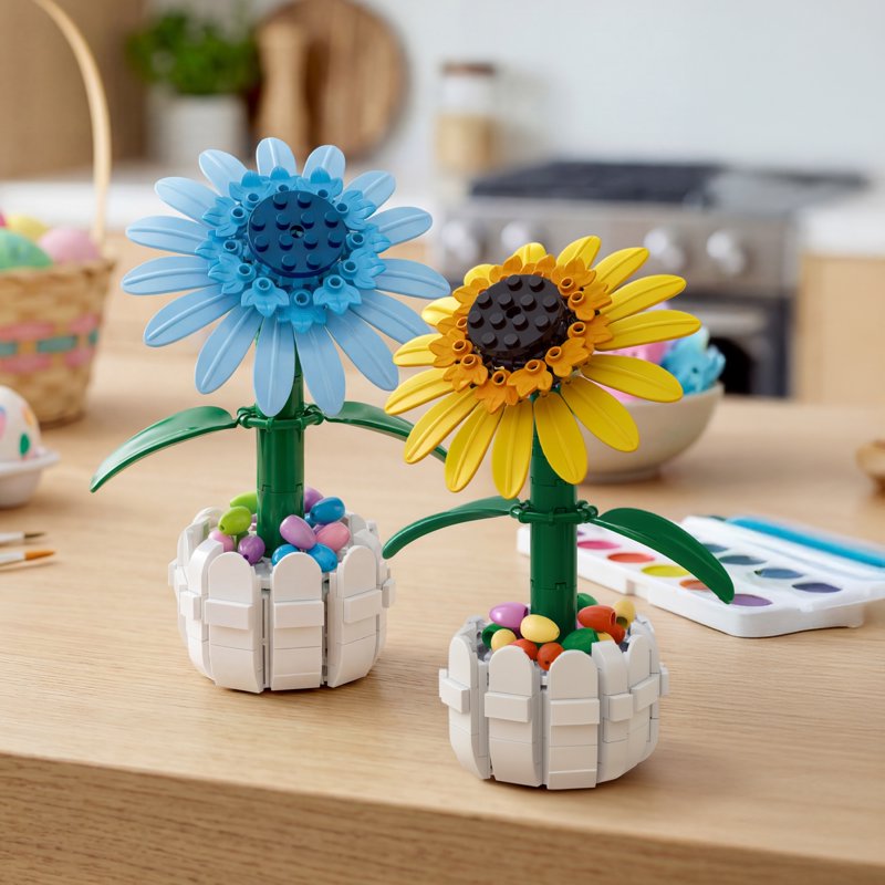 Build-Your-Own Blue Sunflower Brick Kit with Picket Fence Pot - 213 Pieces