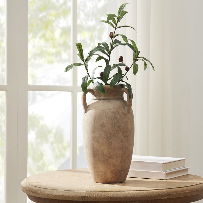 12-Inch Taupe Ceramic Vase with Handles - Farmhouse Decor Accent