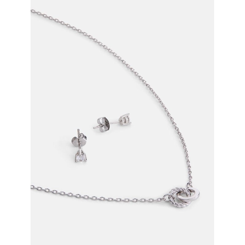 Silver Plated Double Circle Necklace & Cubic Zirconia Stud Earring Set for Women