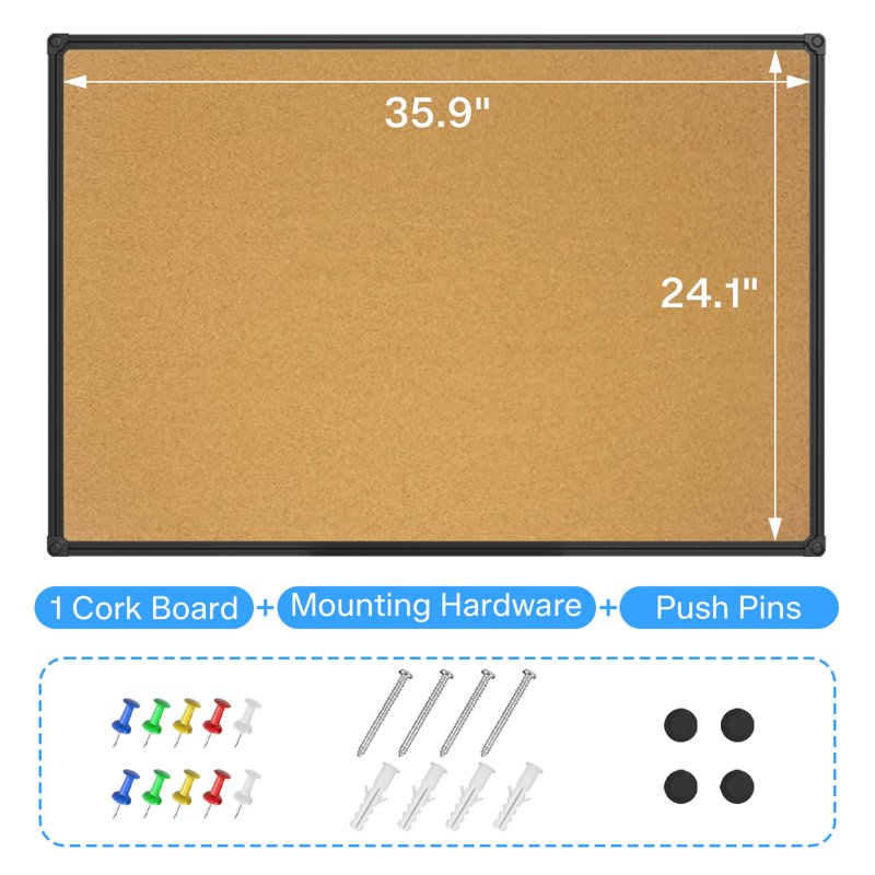Large Cork Board Bulletin Board for Wall 35x23 Inches with Black Aluminum Frame Office Home