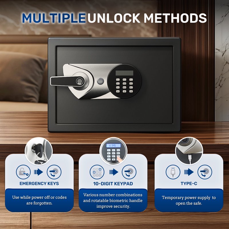 Biometric Safe Box with Fingerprint & Code Lock - Heavy Duty Steel Security Safe, Fireproof Document Storage, 1.0 CuFt