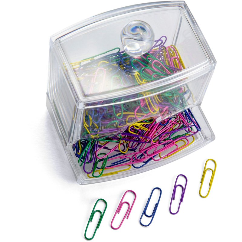Self-Dispensing Paper Clip Holder with 250 Color Vinyl Clips - Refillable Organizing Desk Accessory