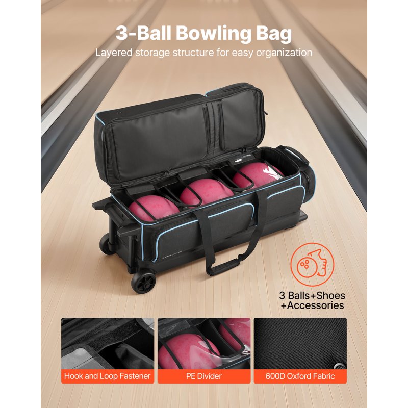 3 Ball Bowling Bag with Wheels - Double Roller for Shoes & Accessories
