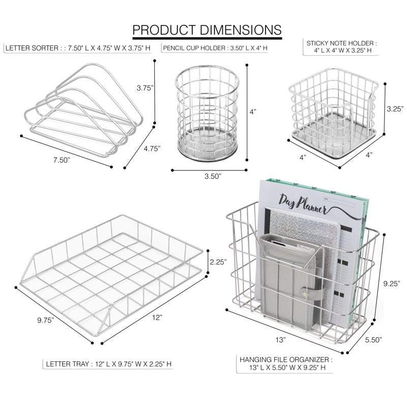 5-Piece Metal Desk Organizer Set - Silver Office Storage & Stationery Organizer