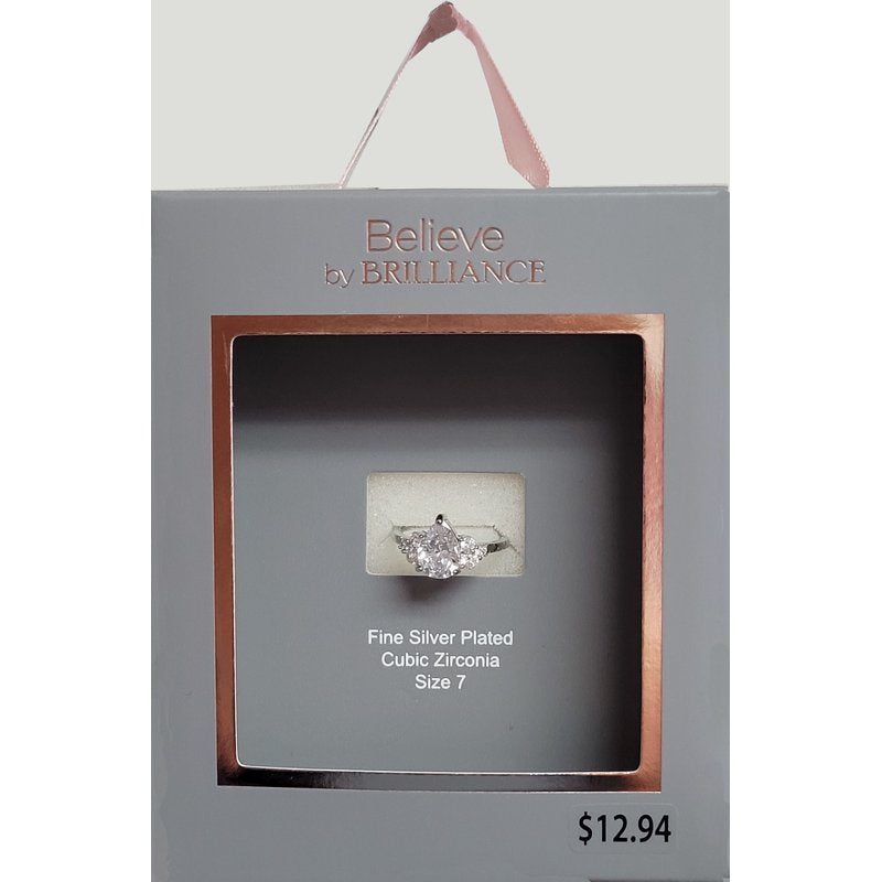 Women's Silver Engagement Ring with AAA CZ Pear Cut Stone - Size 7