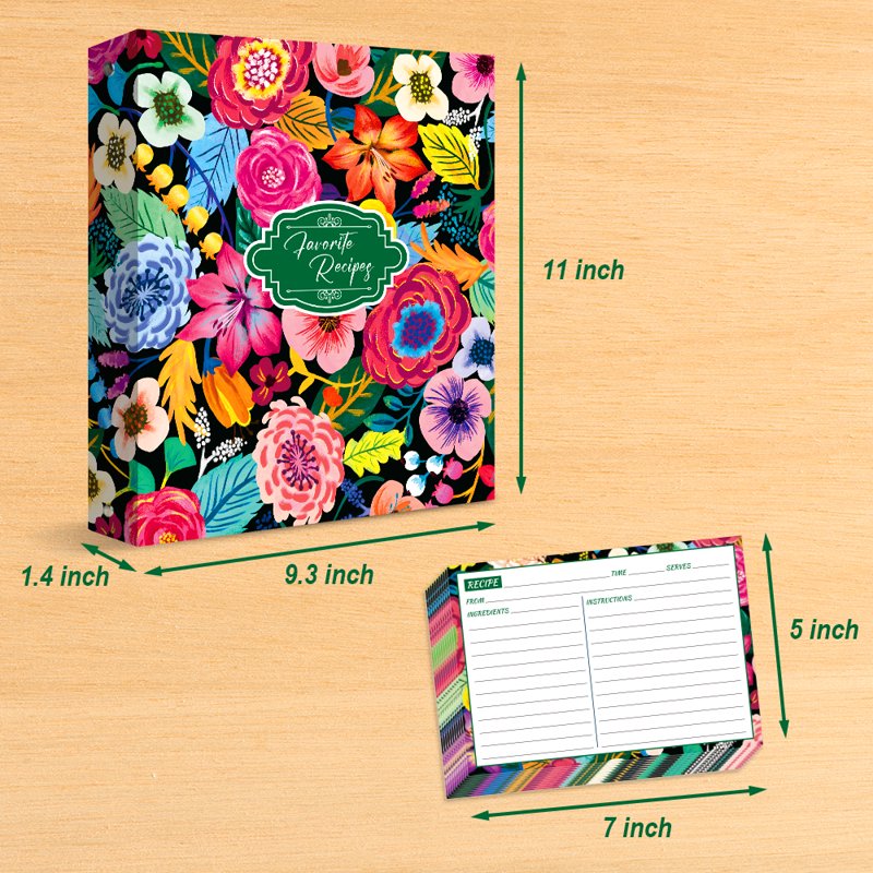 3 Ring Recipe Binder Set with Plastic Sleeves & Recipe Cards - 8.5x11 Inch Organizer, Blooming Flowers Design