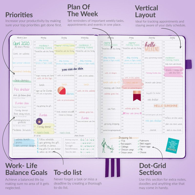Undated Weekly Hourly Planner with Goal Setting and Budget Pages – 7x10 Hardcover