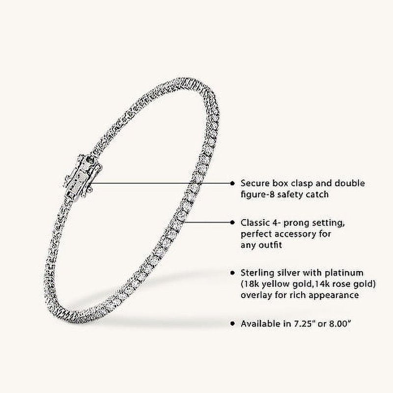 Sterling Silver Cubic Zirconia Tennis Bracelet - 7.25 Inch, Multiple Colors
