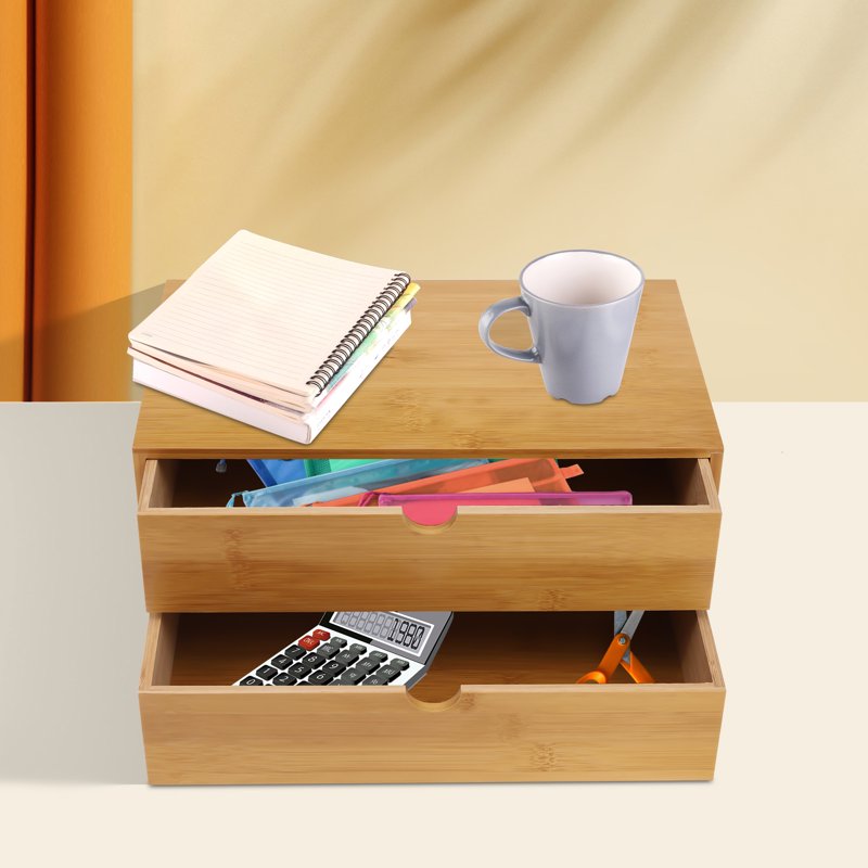 Large Capacity Desk Organizer with 2 Drawers - Minimalist Bamboo Office & Cosmetic Storage