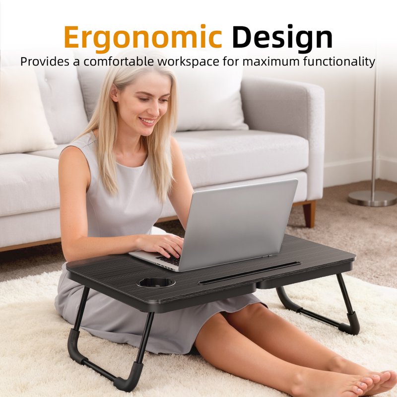 Portable Foldable Lap Desk for Bed and Couch with Cup & Phone Holder - Black (Variation: Black)