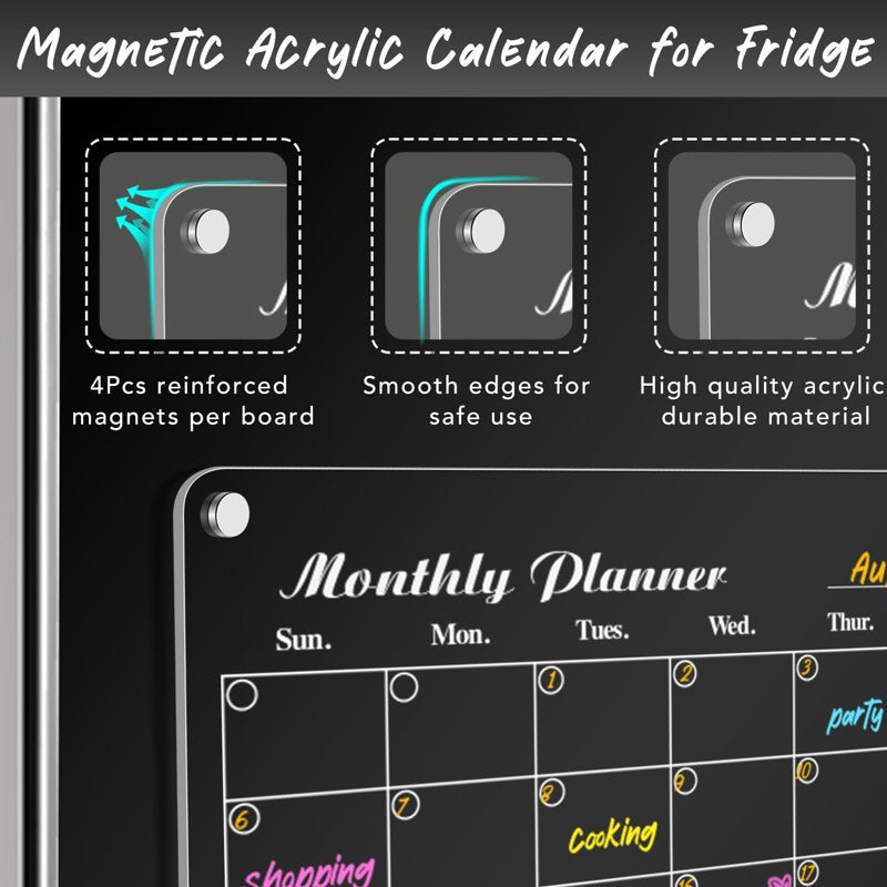 Magnetic Calendar Set for Refrigerator - Acrylic Dry Erase Planning Boards, 3 Pack with Highlights