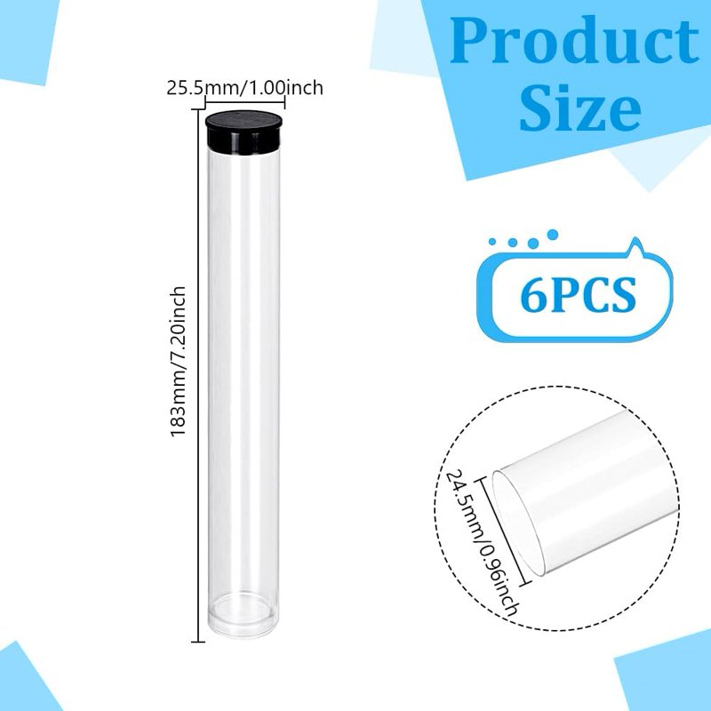 6pcs Clear Plastic Storage Tubes 7 Inch with Black Flat Bottom Lids - Bead & Craft Container