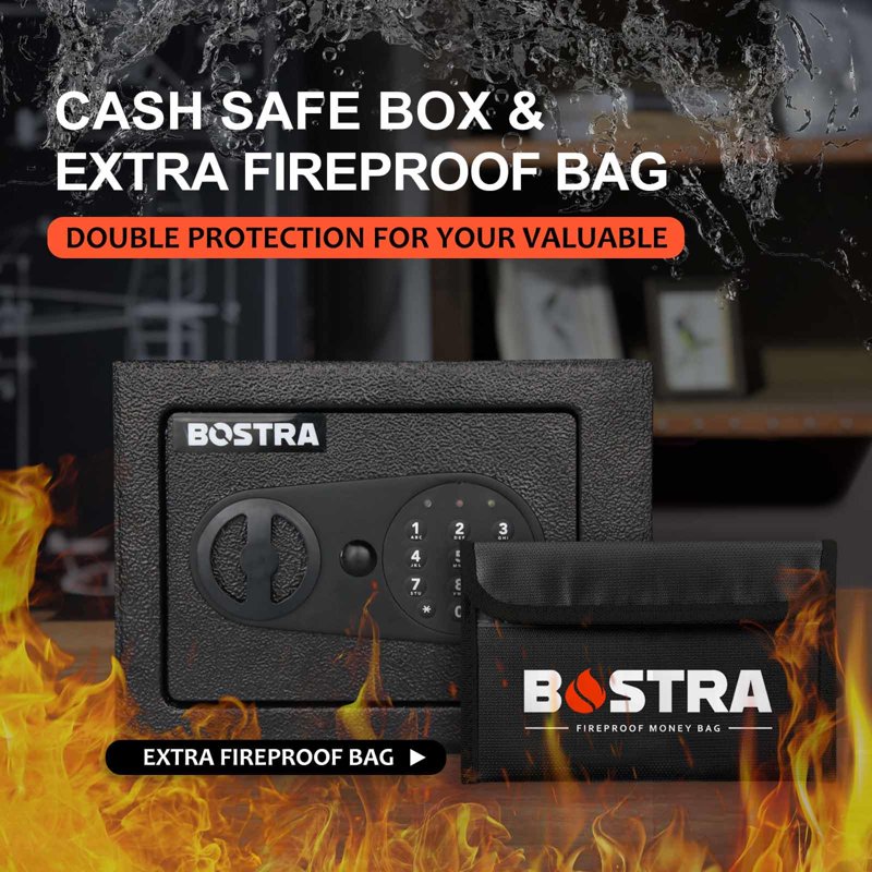 Digital Safe Box with Alarm Sensor Light & Fireproof Bag, 9x6.6x6.5 inch, Black