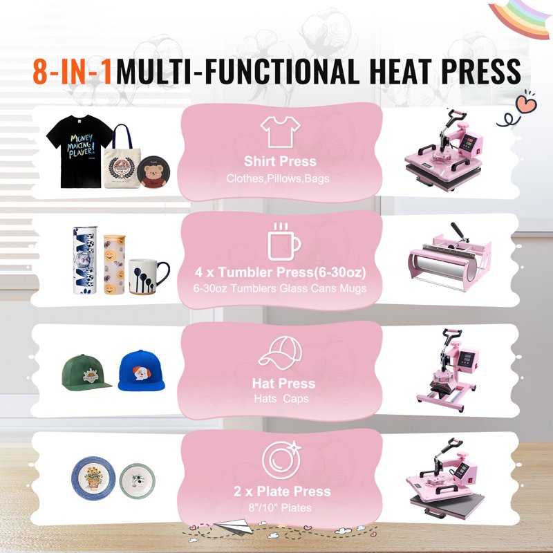 12x15 Inch Heat Press Machine with 8-in-1 Transfer Tool for T-Shirts Mugs Hats Plates
