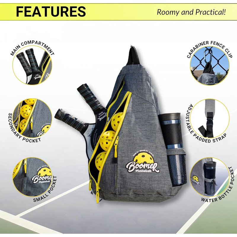 Charcoal Boomer Pickleball Sling Bag with Paddle Storage, 3 Zipper Compartments