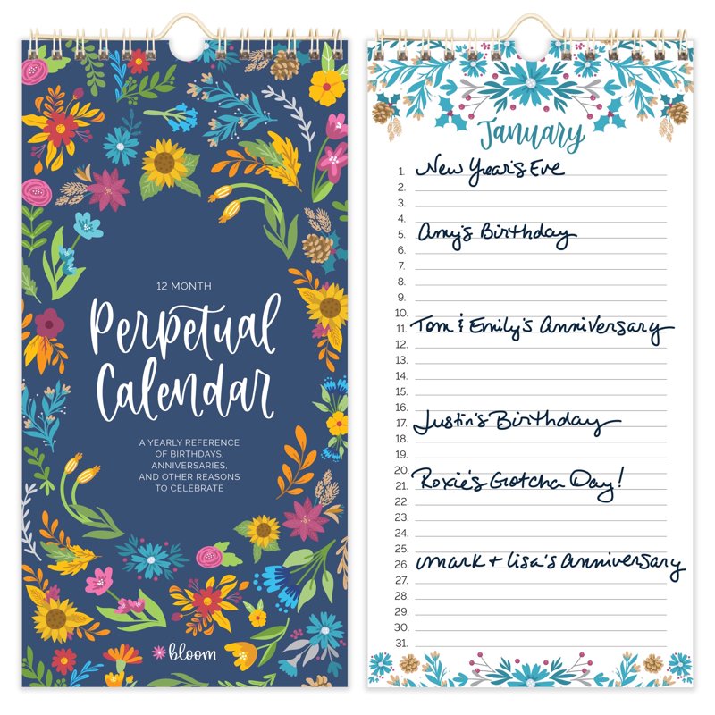 Perpetual Wall Calendar with Seasonal Florals - Reusable 12-Month Planner