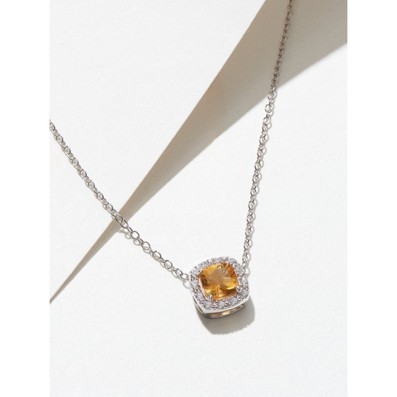 Sterling Silver Citrine Necklace with Cubic Zirconia Halo for Women