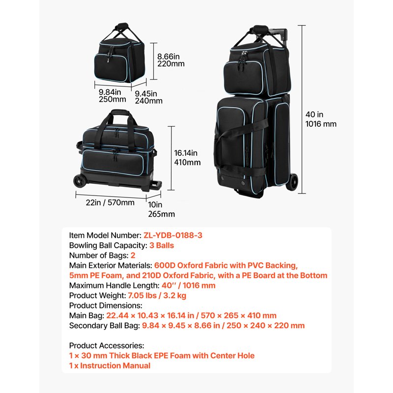 3-Ball Bowling Bag with Wheels, Shoe Compartment & Retractable Handle
