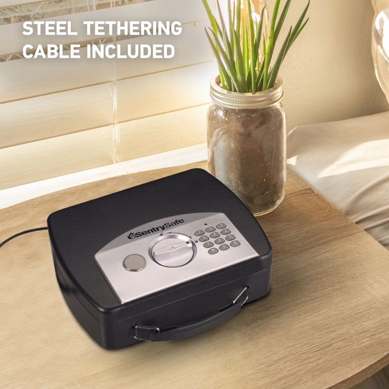 Portable Security Safe with Digital Lock Tether Cable & Handle - Black 10x7.9x2.9 in