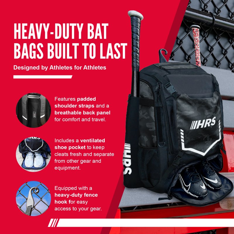 Baseball Bat Backpack Bag Holds 4 Bats Glove Helmet Sport Gear Black Camo