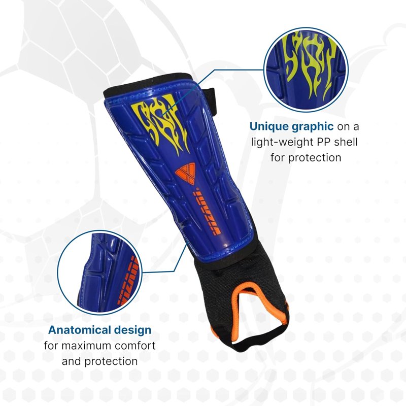 Vizari Blaze Shin Guards for Kids (S) Blue/Orange Flame Design with Ankle Protection
