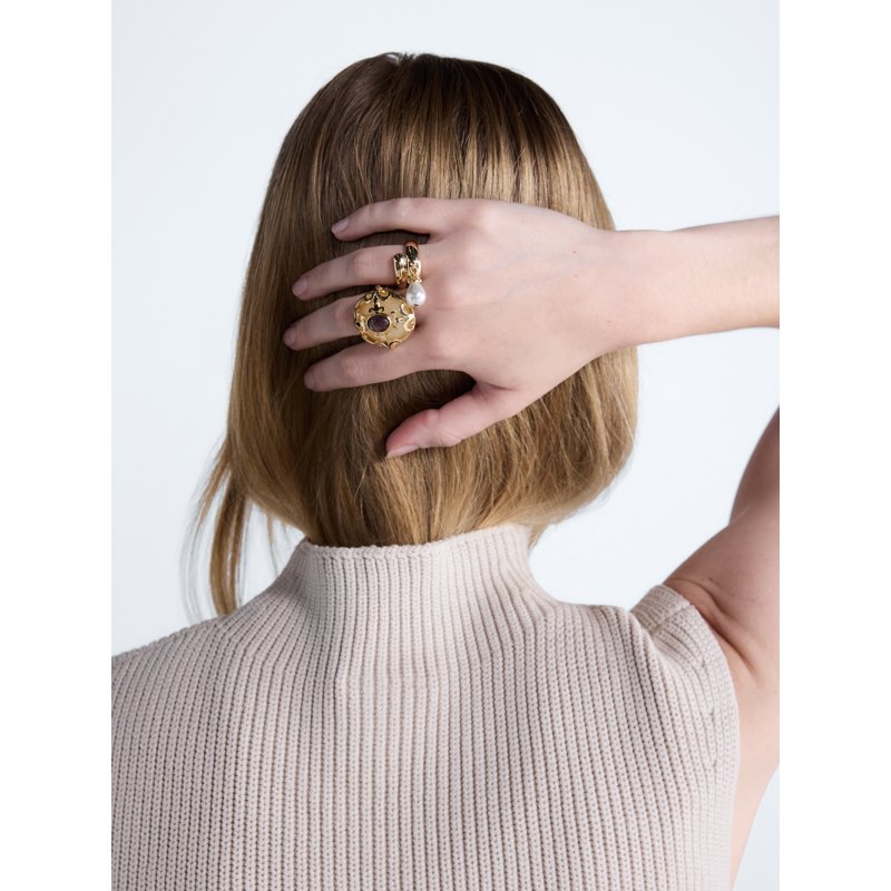 Gold-Tone Scroll and Wrap Rings Set for Women - 2 Pieces, Faux Pearl & Stone Accents