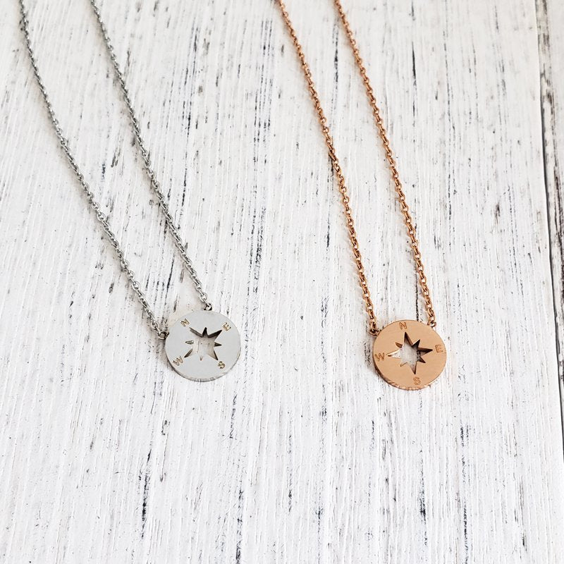 Stainless Steel Friendship Necklace with Compass Pendant – Gift for Best Friend, Coworker, Birthday, Christmas, Rose Gold or Silver