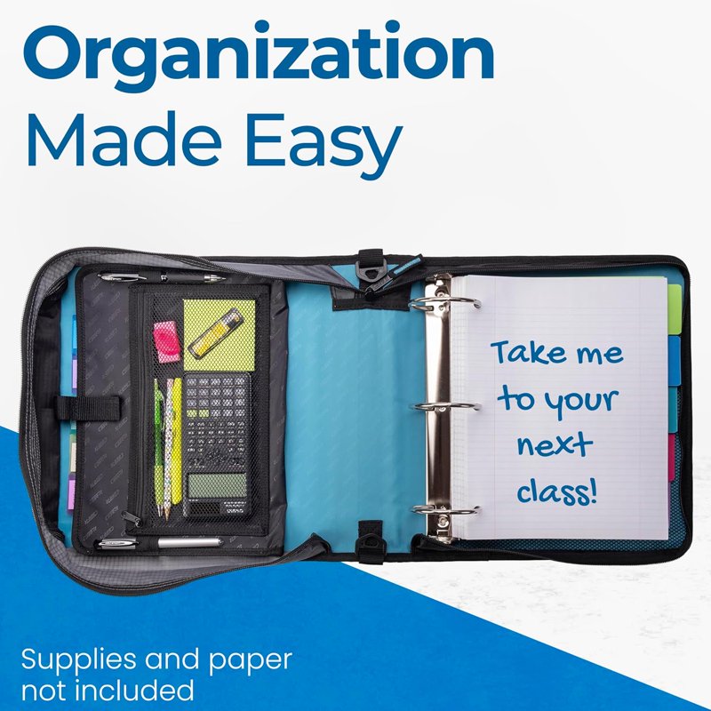 School Zipper Binder with 3-Inch O-Rings, 5-Subject Expanding File & Carrying Strap