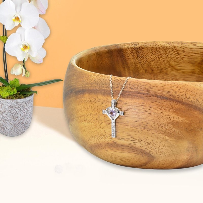 Sterling Silver Birthstone Heart Cross Pendant Necklace for Women & Teens
