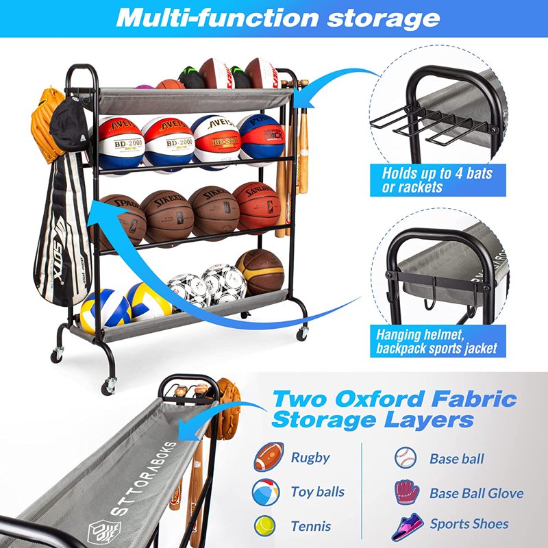 Multi-Layer Ball Storage Rack with Hooks & Bat Holder - Rolling Sport Equipment Organizer